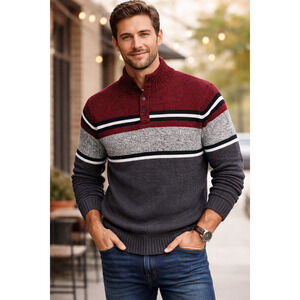 Chaps 90s Men Y2K Colorblock Stripe Knit Button Henley Sweater Burgundy Gray XL‎